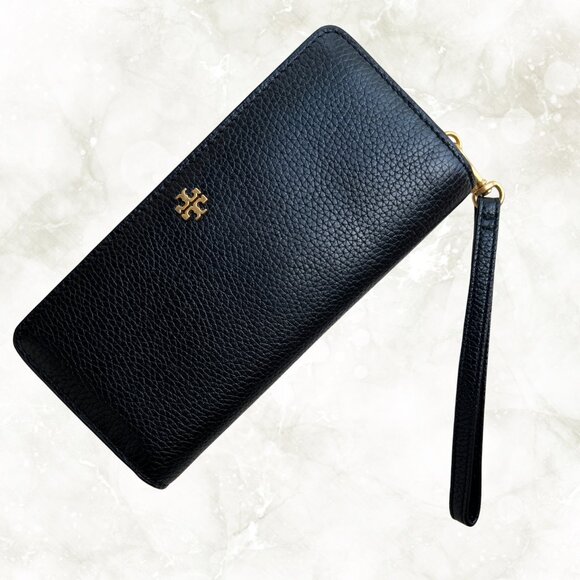 Tory Burch Black Leather Wristlet Wallet Gold Logo Slim Clutch - Picture 1 of 9